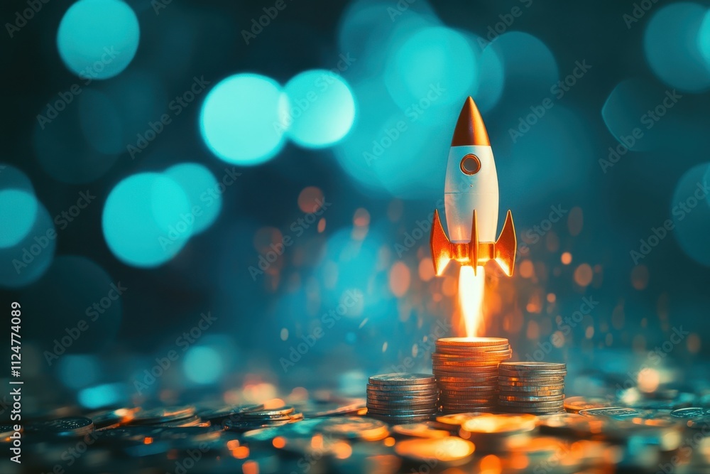 Rocket launching from stack of coins financial growth concept blurred ...