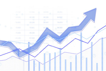 Fototapete - Blue arrow and line chart overlaid on white background, featuring gridlines, data points, and bar charts, representing financial growth and analytics. 3D Rendering.