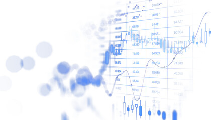 Fototapete - Financial trading chart with blue candlestick graph, numerical data, and upward trend lines on a white background. Concept of market growth. 3D Rendering.