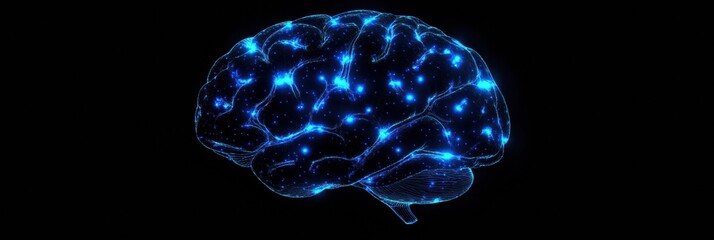 Fototapete - Neural pathways glow blue, illustrating the brain's complex structure and the potential for cognitive processes and connections. Generative AI