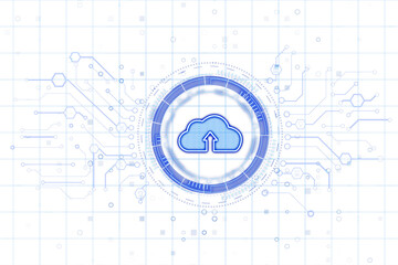 Canvas Print - Cloud computing icon surrounded by blue tech lines and digital patterns, holographic style, white grid background, concept of data networks. 3D Rendering.