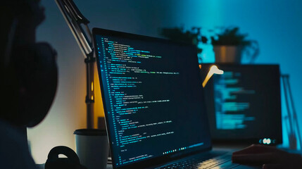 Coding, programming and software development with computer screen and dark office for innovation, technology and web design. Person, desk and typing for data, script or app creation