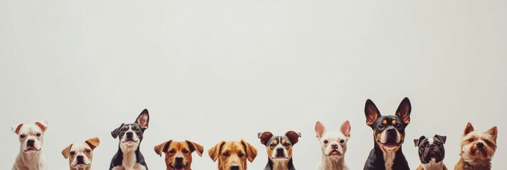 Poster - Multiple dogs of different breeds gather in a cheerful arrangement, showcasing their diverse sizes and personalities in a friendly setting. Generative AI