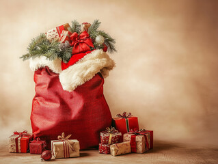 Wall Mural - A red Santa bag with a white lining is filled with presents