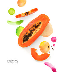 Wall Mural - Creative concept made of papaya with watercolor spots decoration on the white background. Flat lay. Food concept. Macro concept.