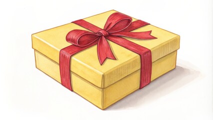 Yellow Gift Box with Red Ribbon Watercolor Illustration, Gift, Present, Packaging Design Gift wrapping, watercolor painting