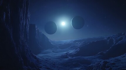Canvas Print - a planet in space with three moons planet is seen space galaxy