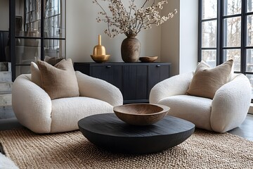 Wall Mural -  Minimalist, scandinavian interior design of modern living room. Two boucle armchairs near round black coffee table. 