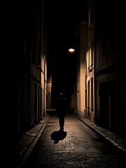 Aufkleber - A solitary figure walks along a deserted cobblestone street under dim streetlights at night, surrounded by dark buildings and shadows. Generative AI