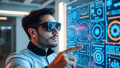 Man Using Futuristic AR Glasses Interactive Interface Digital Technology