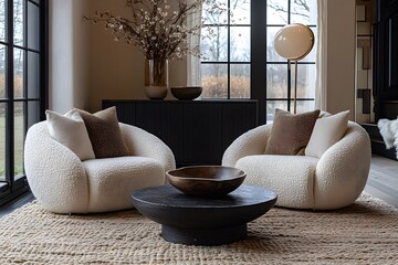 Wall Mural -  Minimalist, scandinavian interior design of modern living room. Two boucle armchairs near round black coffee table. 