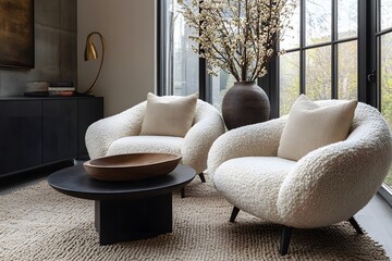  Minimalist, scandinavian interior design of modern living room. Two boucle armchairs near round black coffee table. 