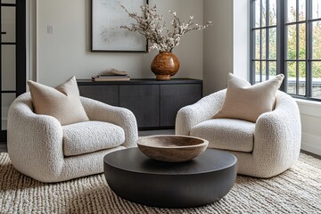 Wall Mural -  Minimalist, scandinavian interior design of modern living room. Two boucle armchairs near round black coffee table. 