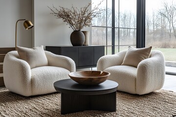 Wall Mural -  Minimalist, scandinavian interior design of modern living room. Two boucle armchairs near round black coffee table. 