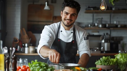 Smiling Chef Cooking in a Modern Kitchen