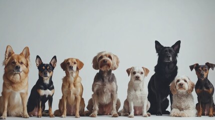 Poster - Various dog breeds and sizes gather closely, sitting in a line with a neutral backdrop, creating an inviting atmosphere for text inclusion. Generative AI
