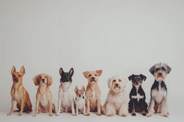 Poster - A diverse group of dogs, including small and medium breeds, sits calmly in a row against a plain backdrop that allows for text overlay. Generative AI