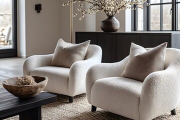 Wall Mural -  Minimalist, scandinavian interior design of modern living room. Two boucle armchairs near round black coffee table. 