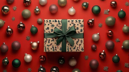 flat lay of a gift box with green ribbons surrounded by ornaments on a red background for christmas