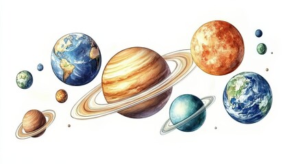 Wall Mural - watercolor painting of planets and rings in space