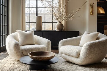 Wall Mural -  Minimalist, scandinavian interior design of modern living room. Two boucle armchairs near round black coffee table. 