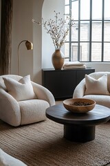 Wall Mural -  Minimalist, scandinavian interior design of modern living room. Two boucle armchairs near round black coffee table. 