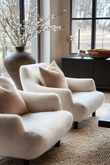 Wall Mural -  Minimalist, scandinavian interior design of modern living room. Two boucle armchairs near round black coffee table. 