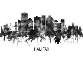 Wall Mural - Halifax Canada Skyline BW, city landscape banner district business print painting watercolor