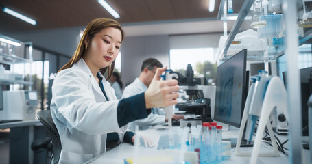 Aufkleber - Medical Research Laboratory: Portrait of a Beautiful Japanese Female Scientist Using Micro Pipette for Test Analysis. Advanced Scientific Lab for Medicine, Biotechnology, Microbiology Development