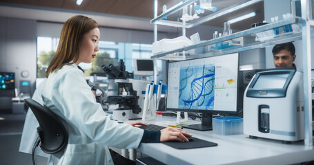 Aufkleber - Asian Female Scientist Working on a Desktop Computer, Analyzing DNA Samples. Specialist Using a Gene Sequencing Software. Advanced Biotechnology Lab in a Medical Research and Development Center