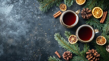 Wall Mural - Two cups of christmas tea surrounded by fir branches, pine cones, cinnamon sticks, and dried orange slices on dark background