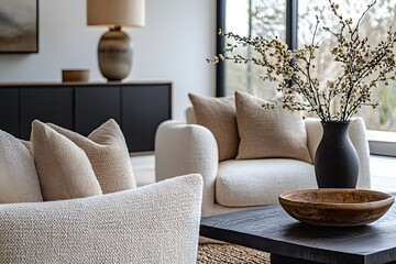 Wall Mural -  Minimalist, scandinavian interior design of modern living room. Two boucle armchairs near round black coffee table. 