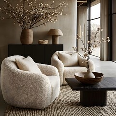 Wall Mural -  Minimalist, scandinavian interior design of modern living room. Two boucle armchairs near round black coffee table. 