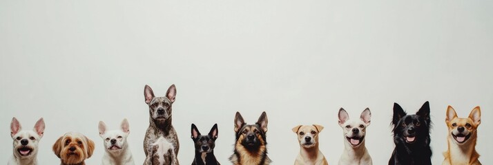 Poster - A cheerful gathering of dogs of various breeds and sizes sits together, showcasing their friendly demeanor against a blank background. Generative AI