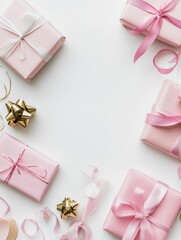 Poster - Stylish arrangement of pink gift wrapping supplies including packages, ribbons, and decorative bows, with space for personalized text. Generative AI