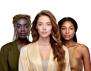 Three different young women from different countries on a transparent background