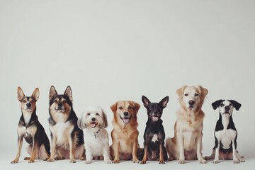 Poster - A group of playful dogs shows a variety of breeds and sizes while sitting side by side in a bright, inviting space. Generative AI