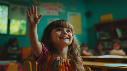 Wall Mural - Child raising hand in class symbolizes curiosity and active learning.