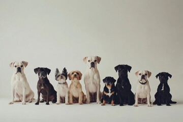 Wall Mural - Different dog breeds are sitting together in a minimalist studio, showcasing their diverse sizes and personalities in an inviting atmosphere. Generative AI