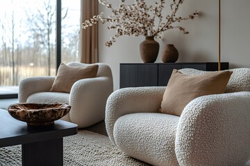 Wall Mural -  Minimalist, scandinavian interior design of modern living room. Two boucle armchairs near round black coffee table. 