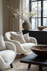 Wall Mural -  Minimalist, scandinavian interior design of modern living room. Two boucle armchairs near round black coffee table. 