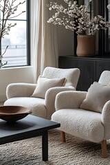Wall Mural -  Minimalist, scandinavian interior design of modern living room. Two boucle armchairs near round black coffee table. 