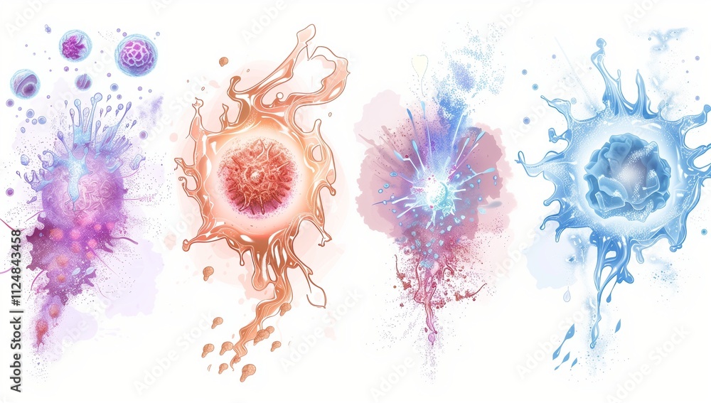 Cell Design Color 4 designs of differently colored glowing cells, on a white background ...
