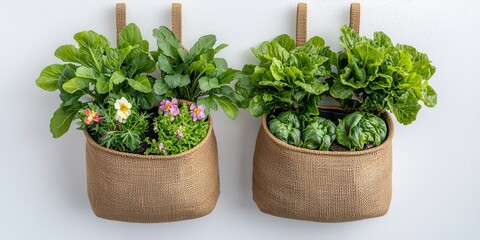 Wall Mural - Recycling and Sustainability at home concept Hanging baskets filled with vibrant greens and colorful flowers against a neutral background, showcasing urban gardening and home decor.