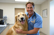 © Kseniya - A smiling male veterinarian in blue scrubs gently holding a happy golden retriever in a veterinary clinic. The dog looks content, and the setting includes medical equipment in the background