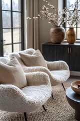 Wall Mural -  Minimalist, scandinavian interior design of modern living room. Two boucle armchairs near round black coffee table. 