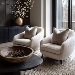 Wall Mural -  Minimalist, scandinavian interior design of modern living room. Two boucle armchairs near round black coffee table. 