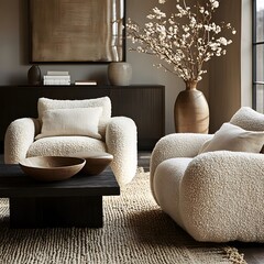 Wall Mural -  Minimalist, scandinavian interior design of modern living room. Two boucle armchairs near round black coffee table. 
