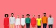 © Andrii Zastrozhnov - A group of people are standing in a row, with some wearing red, green, and yellow clothing. The image is a representation of diversity and unity, showcasing people of different races