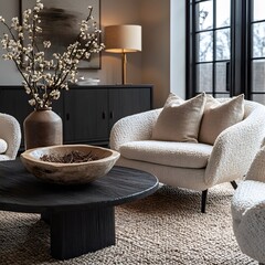 Wall Mural -  Minimalist, scandinavian interior design of modern living room. Two boucle armchairs near round black coffee table. 